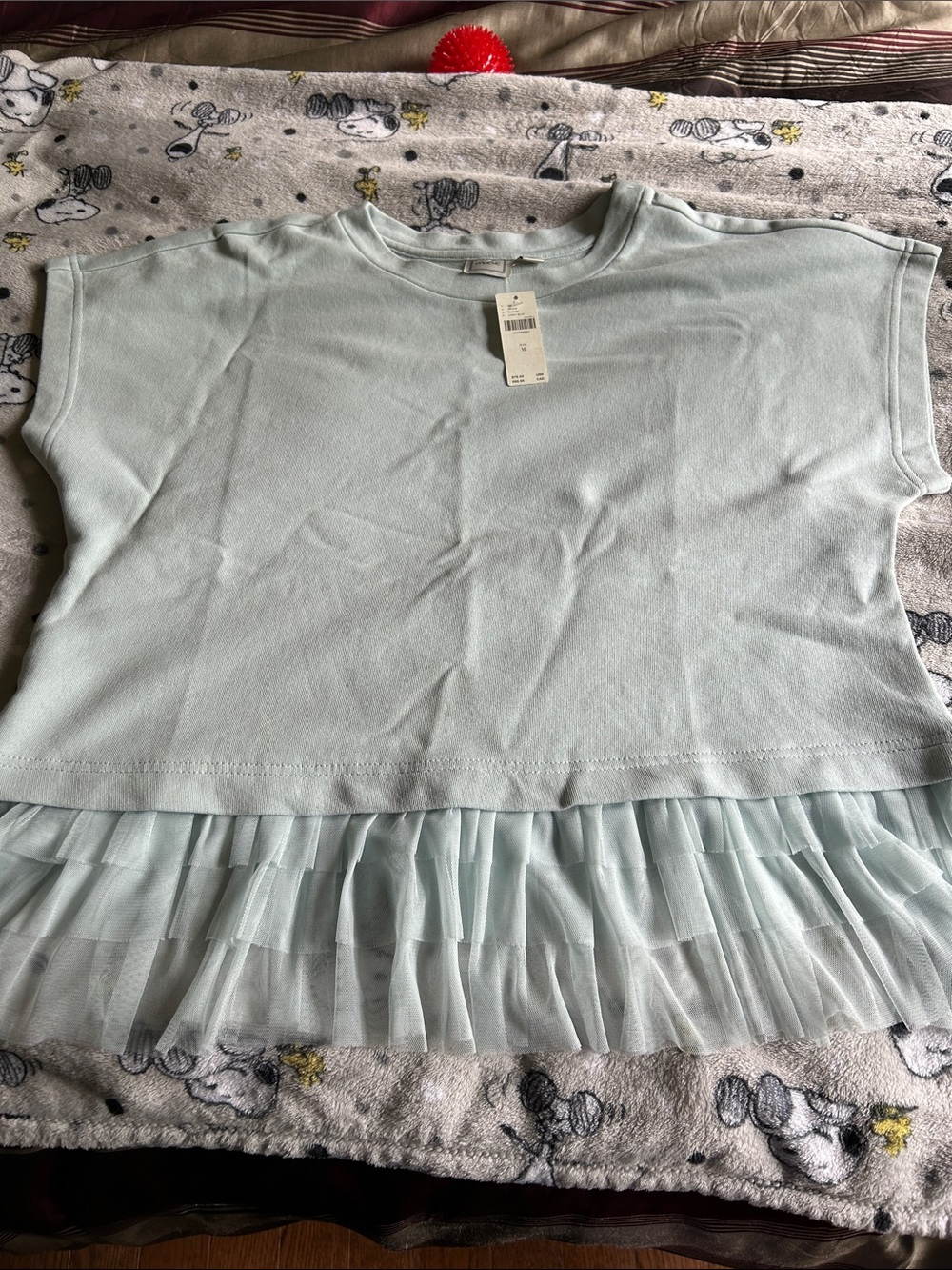 Light blue short sleeved sweat shirt with lace ruffle at bottom